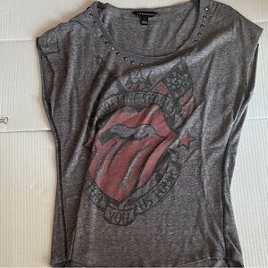 Rock & Republic Gray Tank with Red Tongue Graphic and Studded Neckline